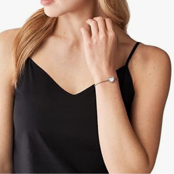 Michael Kors Silver Tone Heritage Pave Clear Rhinestone Logo Heart Bracelet - Picture 4 of 10